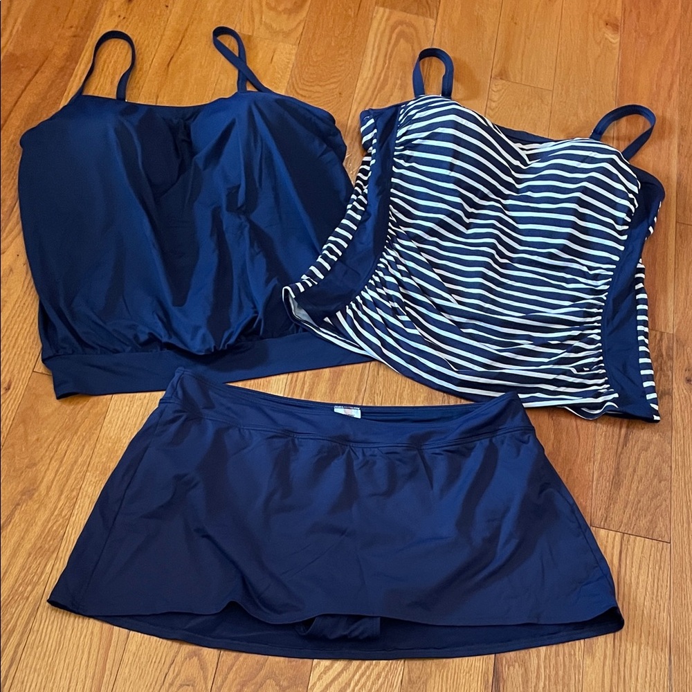 3 pc Lands' End Deep Blue strip Swimwear skirt  Sz 16 tankini